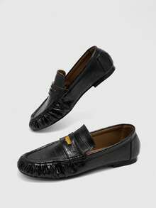 CUCCOO BIZCHIC Spring And Autumn Round Head Flat Bottom Retro Style Black Loafers Commuter Daily Party - Black - View 4
