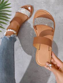 Alvarani Women's Korean Flat Slide Sandals,Open Toe Woven Roman Summer Slippers,French Outdoor Beach Sandals,Brown One Strap Flat Sandals For Dresses - Brown - View 1