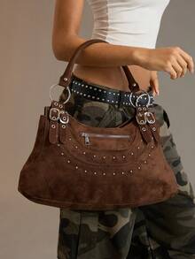 Viva Strut Ladies Fashionable Street Personality Sweet Cool Girls Y2K Vintage Coffee Suede Rivet Zipper Biker Style Tote Shoulder Bag, Large Capacity, Daily - Coffee - View 7