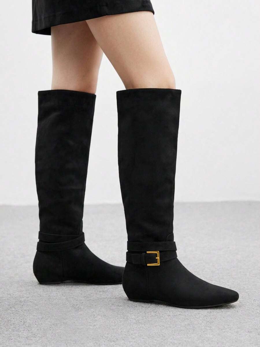 CUCCOO BIZCHIC Women's Shoes Metal Buckle With Pointed Toe Wedge Heel Retro Suede High Boots Commuting Out Of The Street - Black - View 1