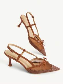 CUCCOO CHICEST Women's Pointed Mesh Embroidered Toe And Bow Decoration, Empty Buckle Design, High-Heeled Single Shoes, Elegant Stiletto, French Sweet And Cute Breath - Brown - View 4