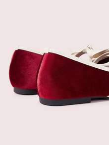 CUCCOO DOLLMOD Sepatu Mary Jane Retro Merah Balet Lembut dengan Pita Warna Kontras Beludru, Mulut Terang, Kepala Bulat, Sol Datar, Sepatu Balet Wanita - Merah - View 6