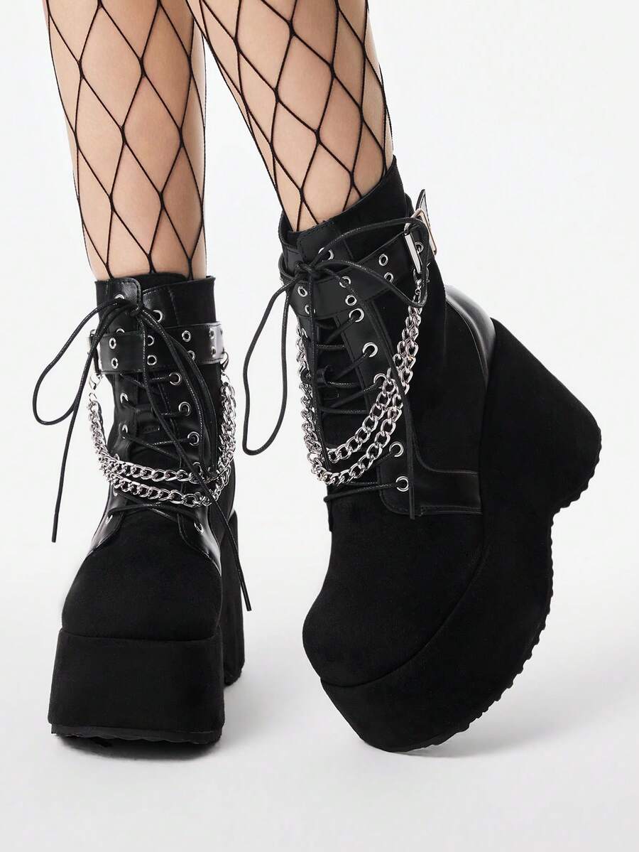 ROMWE Grunge Punk Women's Spring/Autumn Punk-Style Vintage Wedge Ankle Boots – Gothic Suede & Fabric Mix, Platform Sole, Lace-Up Front, And Rear Zipper Closure. - Black - View 1