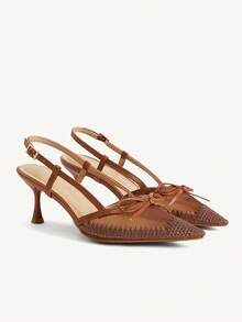 CUCCOO CHICEST Women's Pointed Mesh Embroidered Toe And Bow Decoration, Empty Buckle Design, High-Heeled Single Shoes, Elegant Stiletto, French Sweet And Cute Breath - Brown - View 2