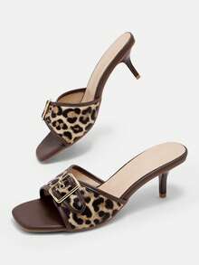 CUCCOO CURVES Women's Square Head Electroplated Heel Brown One-Pedal Fattened High-Heeled Sandals - Brown - View 6