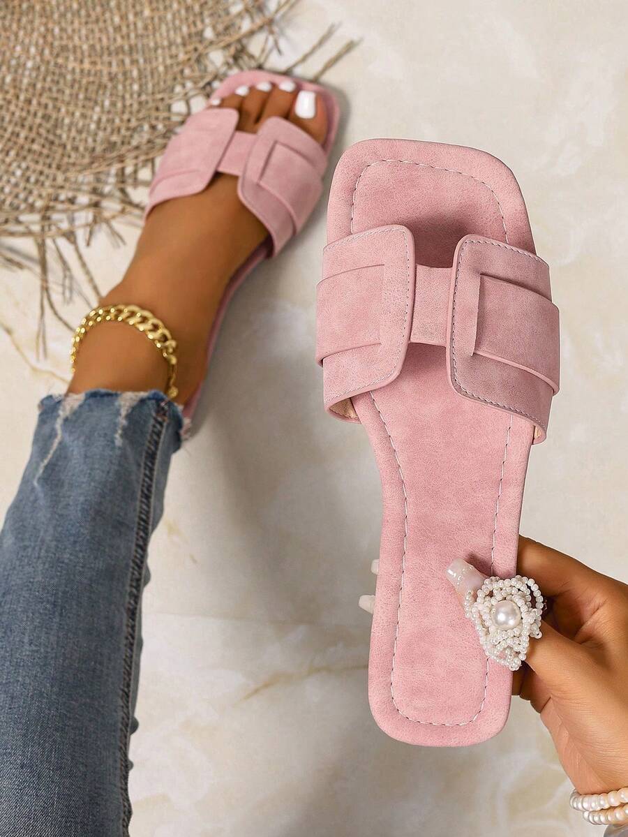 Alvarani Women's Korean Flat Slide Sandals,Open Toe Woven Roman Summer Slippers,French Outdoor Beach Sandals,Brown One Strap Flat Sandals For Dresses - Pink - View 1