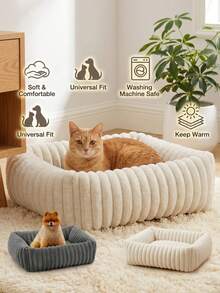 PETSIN 1Pc Striped Plush Pet Bed, Crafted With Thickened Fluffy Plush Fabric In Ribbed Design, Offers Warm Cushioned Support For Rest, All-Season Usable, Ideal For Small Cats And Puppies Resting Inside Bedroom And Living Space. - Multicolor - View 1