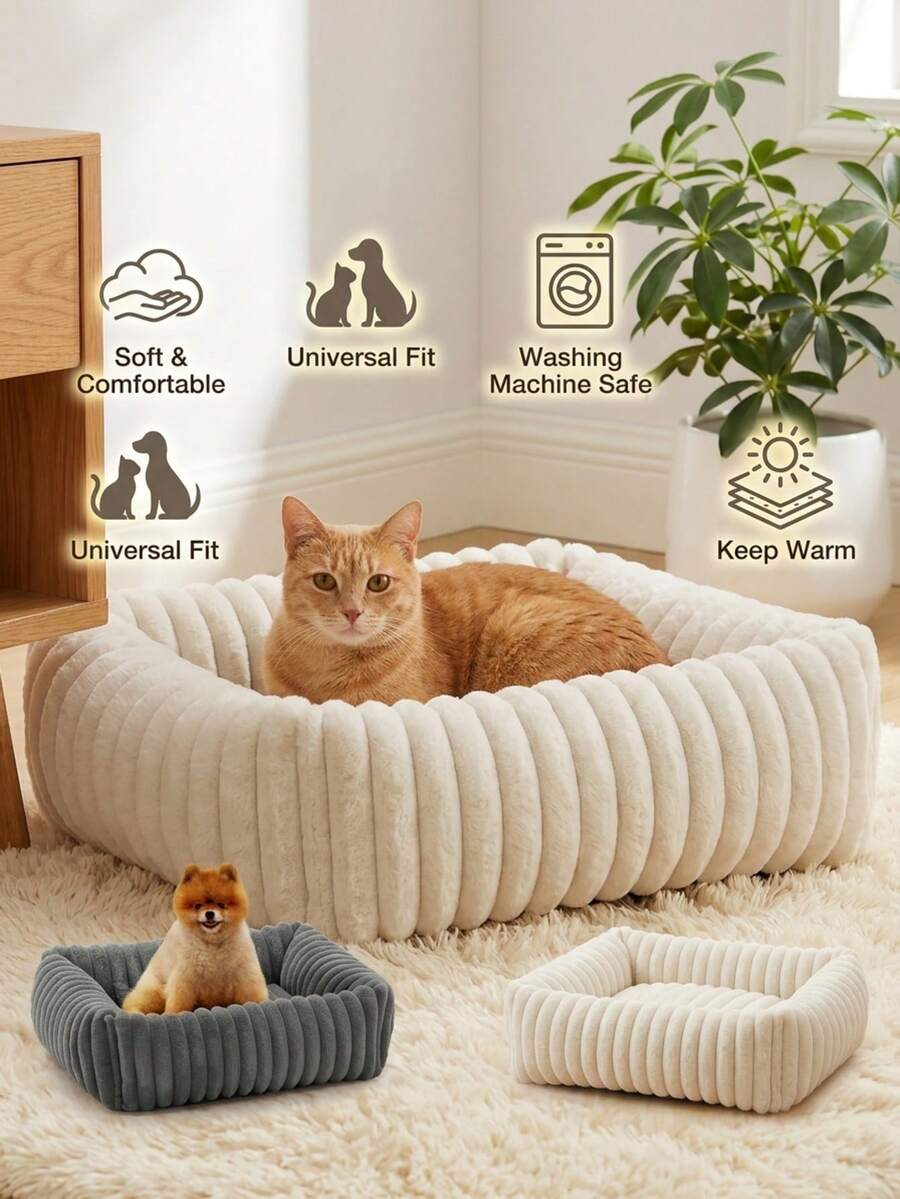 PETSIN 1Pc Striped Plush Pet Bed, Crafted With Thickened Fluffy Plush Fabric In Ribbed Design, Offers Warm Cushioned Support For Rest, All-Season Usable, Ideal For Small Cats And Puppies Resting Inside Bedroom And Living Space. - Multicolor - View 1