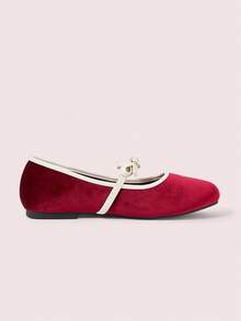 CUCCOO DOLLMOD Sepatu Mary Jane Retro Merah Balet Lembut dengan Pita Warna Kontras Beludru, Mulut Terang, Kepala Bulat, Sol Datar, Sepatu Balet Wanita - Merah - View 5