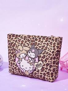 HELLO KITTY AND FRIENDS | Joivida Vintage Leopard Base Sweet Cartoon Characters Heart Element Allover Print Corduroy Makeup Bag Zipper Closure Toiletry Storage Bag For Daily Trip Use - leopard print - View 3