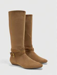 CUCCOO BIZCHIC Women's Shoes Metal Buckle With Pointed Toe Wedge Heel Retro Suede High Boots Commuting Out Of The Street - Khaki - View 4