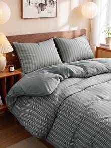 2/3pcs Stripes Print Bedding Set, Dorm Decor Bedding Set,Suitable For All Seasons, Soft  Breathable, Suitable For Dorm Bed, Single Bed, Double Bed, King Bed, Machine Washable, Back To School, Campus Life, (No Inserts) - Charcoal gray stripes (vertical bars) + medium gray - View 5