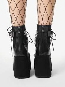 ROMWE Grunge Punk Women's Spring/Autumn Punk-Style Vintage Wedge Ankle Boots – Gothic Suede & Fabric Mix, Platform Sole, Lace-Up Front, And Rear Zipper Closure. - Black - View 3