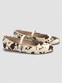 Alvarani Women's Cow Print Ballet Mary Jane Flats, Retro Cute Style, Metal Buckle Strap, Comfortable Flat Shoes For Daily Commute - White - View 4