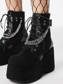 ROMWE Grunge Punk Women's Spring/Autumn Punk-Style Vintage Wedge Ankle Boots – Gothic Suede & Fabric Mix, Platform Sole, Lace-Up Front, And Rear Zipper Closure. - Black - View 2