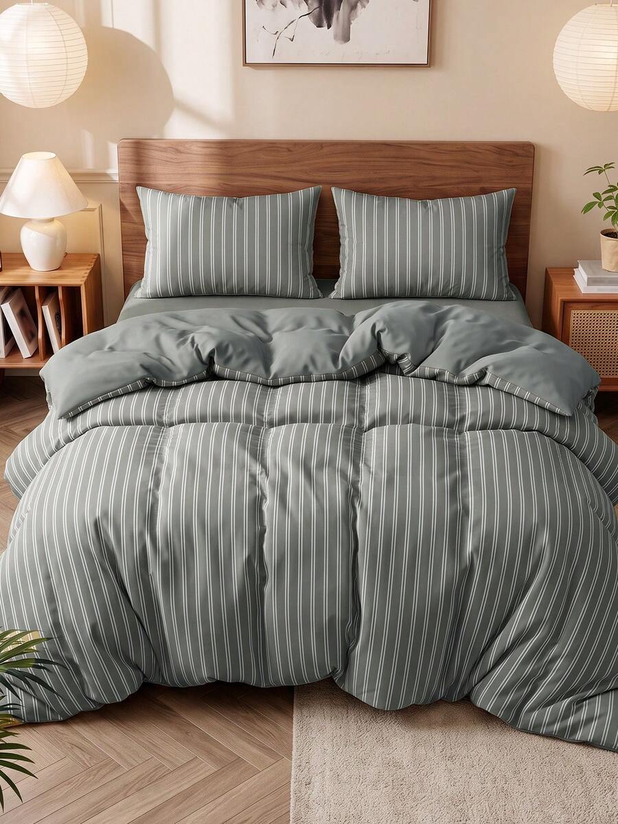 2/3pcs Stripes Print Bedding Set, Dorm Decor Bedding Set,Suitable For All Seasons, Soft  Breathable, Suitable For Dorm Bed, Single Bed, Double Bed, King Bed, Machine Washable, Back To School, Campus Life, (No Inserts) - Charcoal gray stripes (vertical bars) + medium gray - View 1