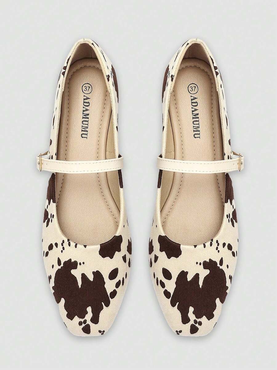 Alvarani Women's Cow Print Ballet Mary Jane Flats, Retro Cute Style, Metal Buckle Strap, Comfortable Flat Shoes For Daily Commute - White - View 1