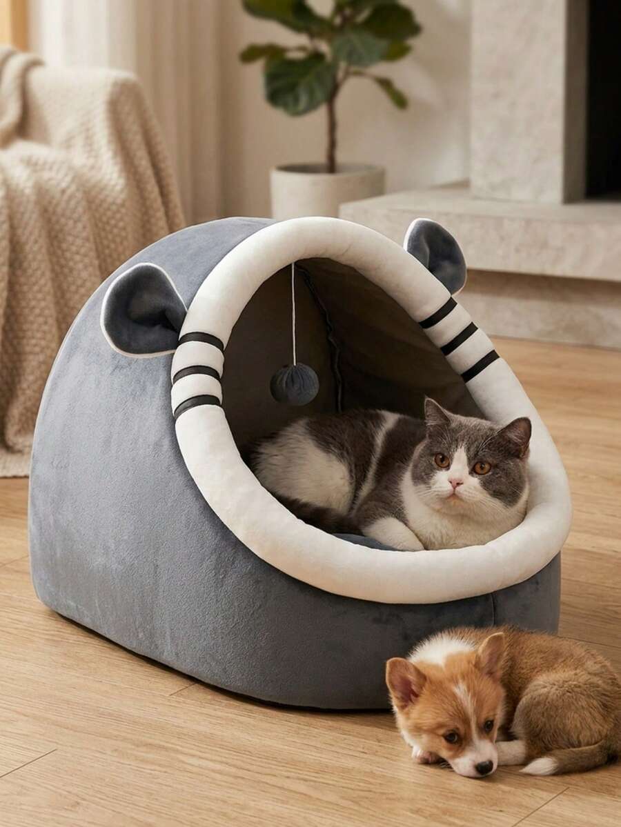 PETSIN Cute Gray Cat Bed For Indoor Cats, Mouse Ear Design Soft Pet Bed ...