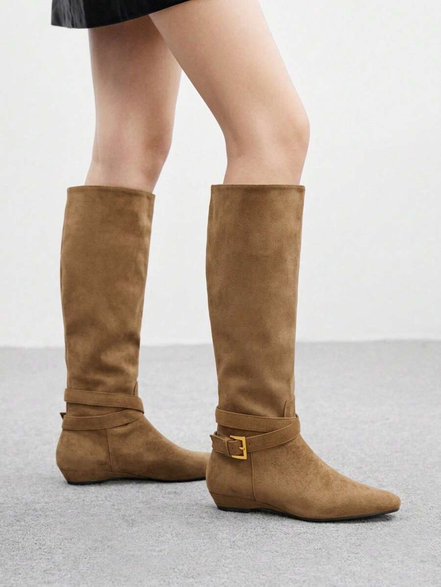 CUCCOO BIZCHIC Women's Shoes Metal Buckle With Pointed Toe Wedge Heel Retro Suede High Boots Commuting Out Of The Street - Khaki - View 1