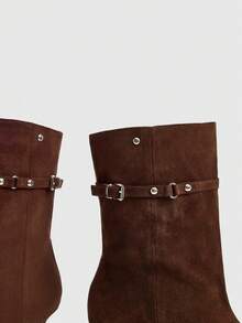 Daringsoles Punk Style Belt Buckle Rivet Ankle Boots Women's Pointed Thin Heel Thin Medium Tube High Heel Western Boots Winter Boots - Coffee Brown - View 4