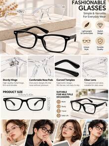 3 Pairs/Set Unisex Eyeglasses - Fashionable Campus Style, Clear Black Frames, Face Flattering Design - View 5
