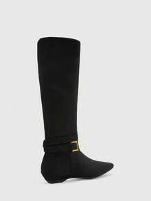 CUCCOO BIZCHIC Women's Shoes Metal Buckle With Pointed Toe Wedge Heel Retro Suede High Boots Commuting Out Of The Street - Black - View 7