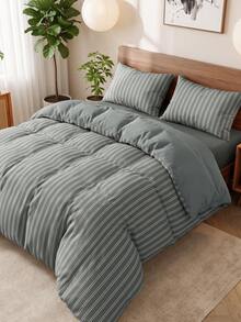 2/3pcs Stripes Print Bedding Set, Dorm Decor Bedding Set,Suitable For All Seasons, Soft  Breathable, Suitable For Dorm Bed, Single Bed, Double Bed, King Bed, Machine Washable, Back To School, Campus Life, (No Inserts) - Charcoal gray stripes (vertical bars) + medium gray - View 4