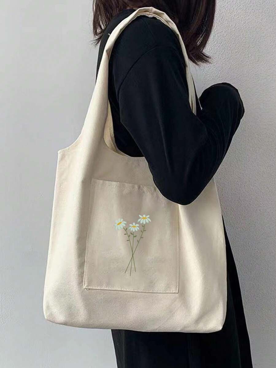 SIENNITY Beige Stylish Letter & Floral Print Women's Canvas Tote Bag, Portable Reusable Shopping Bag For Daily Commute - Beige - View 1