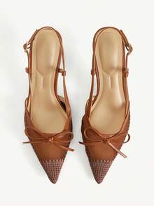CUCCOO CHICEST Women's Pointed Mesh Embroidered Toe And Bow Decoration, Empty Buckle Design, High-Heeled Single Shoes, Elegant Stiletto, French Sweet And Cute Breath - Brown - View 1