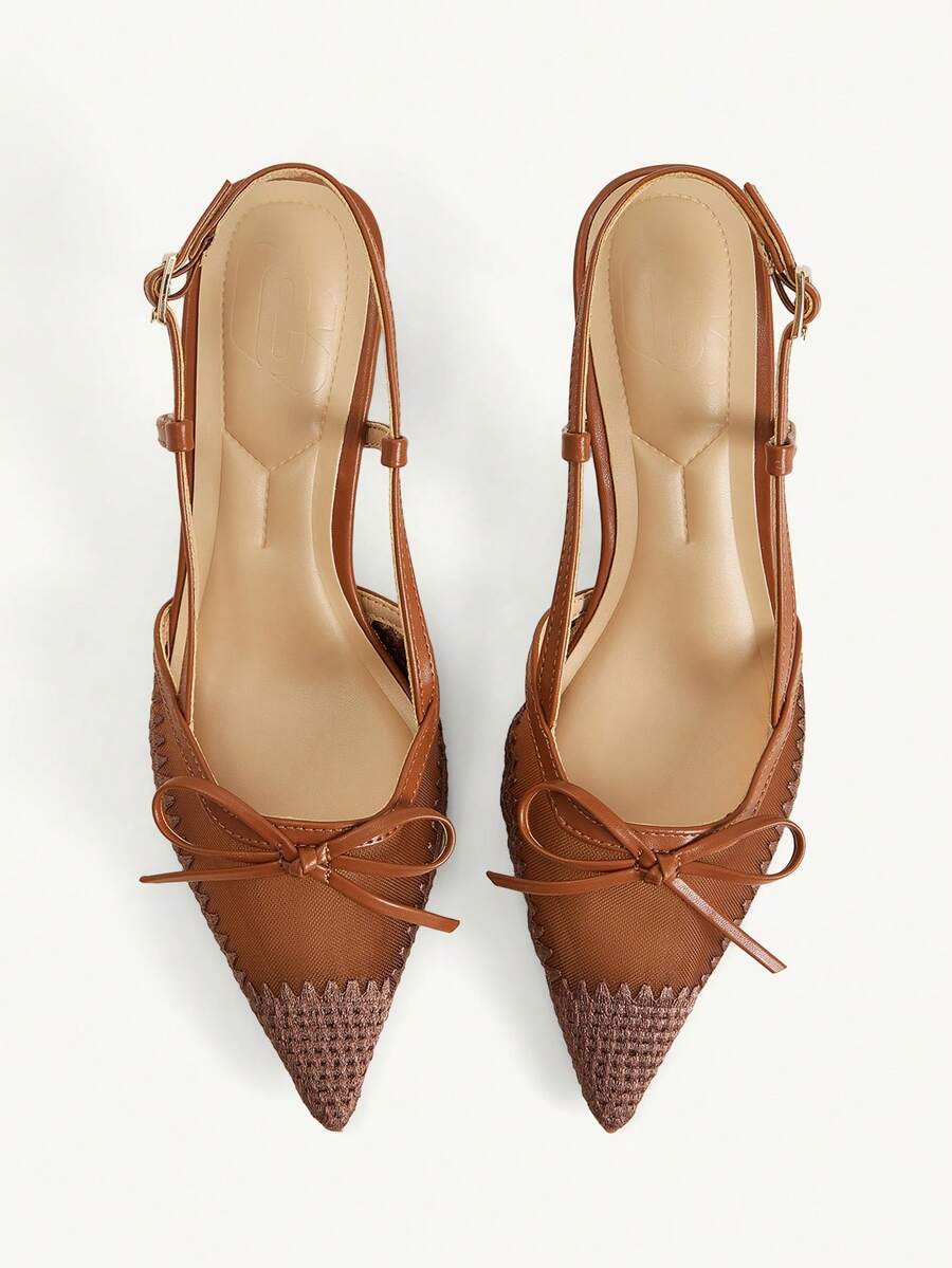 CUCCOO CHICEST Women's Pointed Mesh Embroidered Toe And Bow Decoration, Empty Buckle Design, High-Heeled Single Shoes, Elegant Stiletto, French Sweet And Cute Breath - Brown - View 1