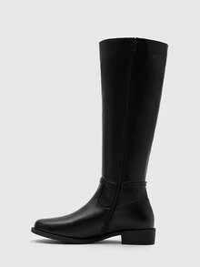 CUCCOO BIZCHIC Ladies Retro British Black Tall Knight Boots Metal Buckle Round Toe Low Heel Side Zipper Knee Boots Autumn And Winter Daily Commuter Versatile Boots - Black - View 8
