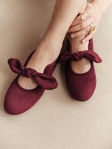 Rosivie Women Shoes Bow Burgundy Ballet Shoes, Casual Versatile Commuter Simple Buckle Flats - Melno burgundy - View 2