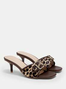 CUCCOO CURVES Women's Square Head Electroplated Heel Brown One-Pedal Fattened High-Heeled Sandals - Brown - View 1