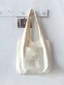 SIENNITY Beige Stylish Letter & Floral Print Women's Canvas Tote Bag, Portable Reusable Shopping Bag For Daily Commute - Beige - View 2