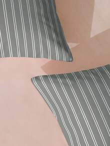 2/3pcs Stripes Print Bedding Set, Dorm Decor Bedding Set,Suitable For All Seasons, Soft  Breathable, Suitable For Dorm Bed, Single Bed, Double Bed, King Bed, Machine Washable, Back To School, Campus Life, (No Inserts) - Charcoal gray stripes (vertical bars) + medium gray - View 9