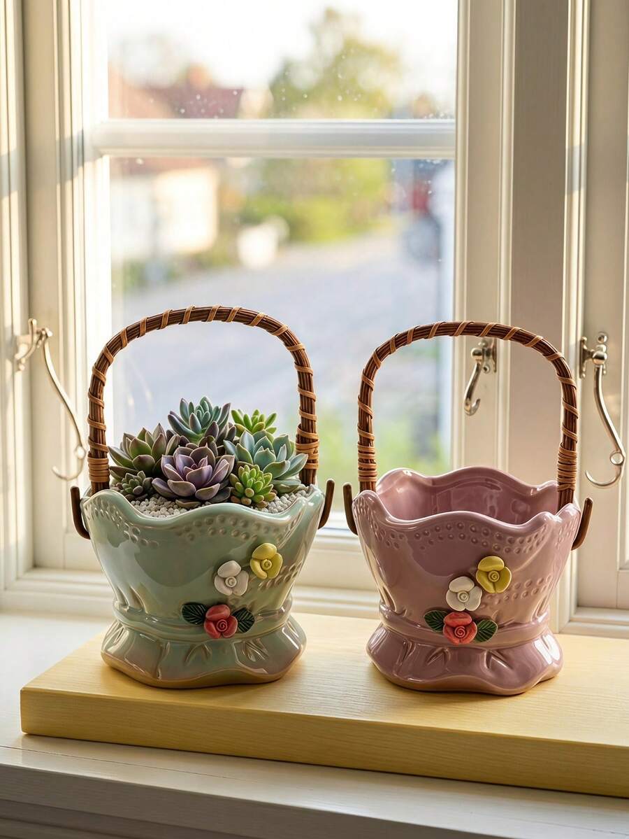 Cirelle 1pc Basket‑Shaped Plant Pot, Decorative Planter With Woven Handle, 3D Floral Embellished Flower Container, Vintage‑Style Succulent Pot For Tabletop Display,Suitable For Housewarming Gifts, Daily Use, And Creating A Happy Home Atmosphere - default - View 1