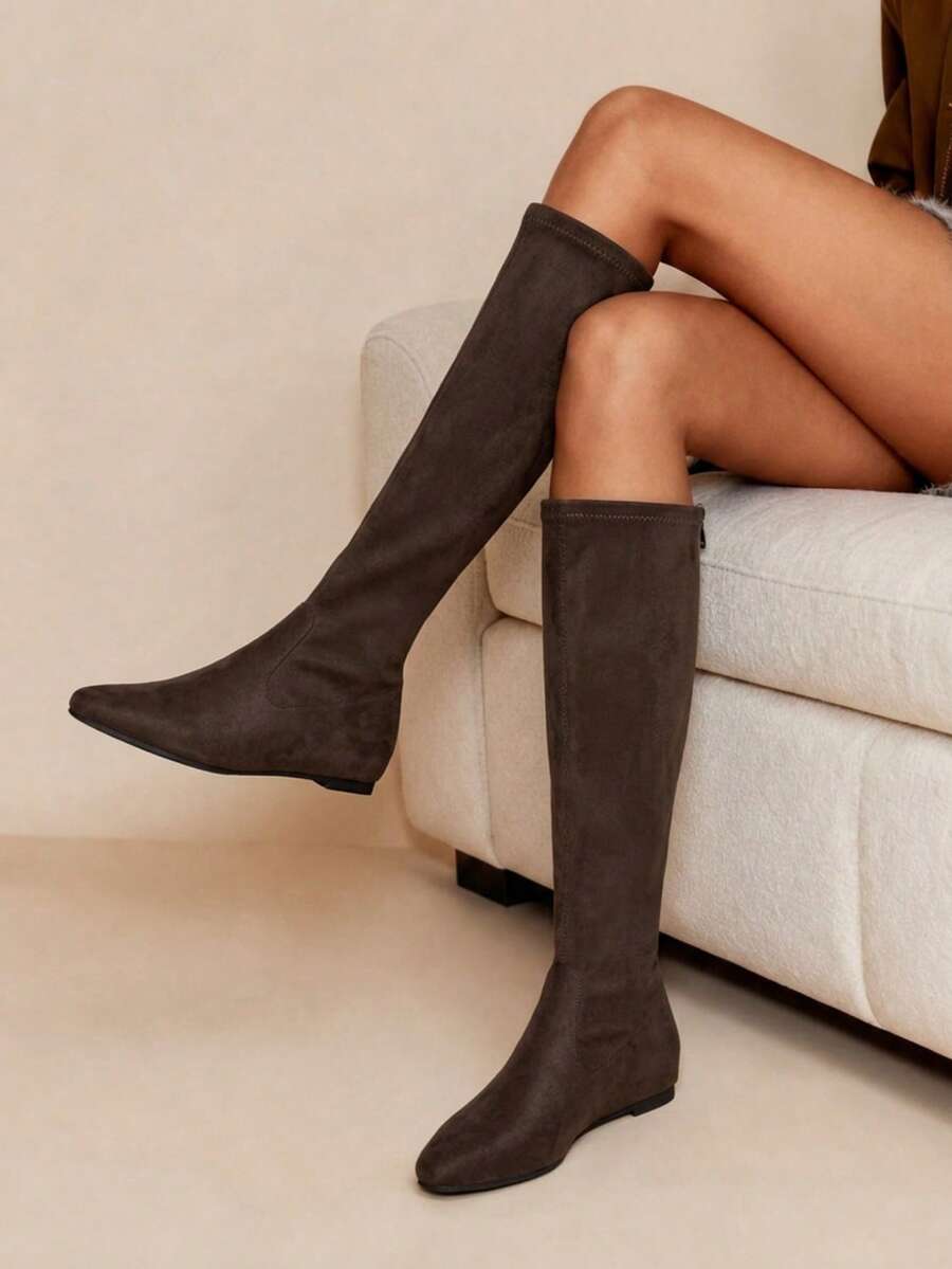 Daringsoles Women's Folded Stacked Flat Simple Lazy Boots, Versatile Mid-Calf Boots For Autumn And Winter - Brown - View 1