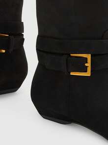 CUCCOO BIZCHIC Women's Shoes Metal Buckle With Pointed Toe Wedge Heel Retro Suede High Boots Commuting Out Of The Street - Black - View 5