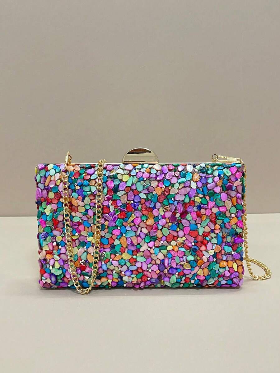 SIENNITY Mini Multicolor Stone Clutch Bag With Gold Chain, Lightweight Handbag Perfect For Parties, Weddings, Graduations, Banquets/Galas,Bride - Multicolor - View 1