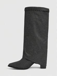 Daringsoles Bốt cao cổ đến gối mũi nhọn gót cao đế dày thời trang thu đông, phù hợp mặc đi ra ngoài hàng ngày - Kim cương đen - Xem 4