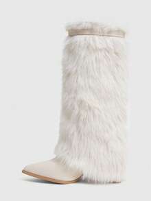 Daringsoles Autumn And Winter Fashion Pointed-Toed Thick High-Heeled Knee-Length Boots, Suitable For Daily Going Out Wear - Off-white fine hair - View 4
