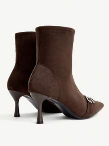 CUCCOO CHICEST Women's Maillard Style Elegant Commute & Date Autumn/Winter Rhinestone Buckle Pointed Toe Mid-Calf Stiletto Heel Elastic Ankle Boots Winter Boots - Coffee brown velvet - View 3
