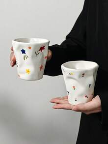 Cirelle 1pc Ins Style Irregular Ceramic Mug, Hand-Painted With Floral And Dotted Patterns, Suitable For Home Breakfast Milk Cups, Office Afternoon Tea Coffee Cups, Latte Froth Cups, Juice And Beverage Cups, Couple Water Cups, And Holiday Gift Cups. - Multicolor - View 10