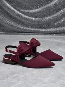 Alvarani Women's Pointed Head Solid Color Buckle Side Bow Design Daily Going Out Wear Commuter Office Shoes - Burgundy - View 7