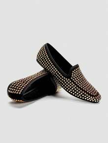 Alvarani Giày Loafer nữ xỏ chân đế bệt phong cách thường ngày, đính kim sa lấp lánh 3D, phong cách punk kim loại, thân giày thoáng khí, đế mềm, mũi vuông, xuân hè - Vàng - Xem 4