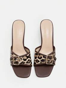 CUCCOO CURVES Women's Square Head Electroplated Heel Brown One-Pedal Fattened High-Heeled Sandals - Brown - View 3