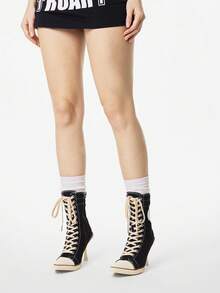 ROMWE Grunge Punk Women's Short Boots And Ankle Boots, Pointed-Toed Stiletto High-Lace-Up Dark Rock Punk Boots, Riveted Y2K Goth Boots, Knight Motorcycle Boots - Black -0004 - View 2