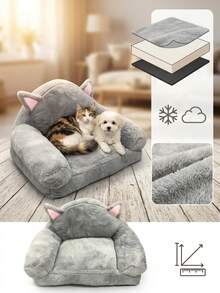 PETSIN Cute Cat Sofa Bed For Indoor Cats, Ultra Soft Plush Calming Cat Couch With Cat Ear Design, Fluffy Warm Pet Bed, Non‑Slip Small Dog Bed For Kitten Puppy Small Pets, Gray - Grey big rabbit fur cat ear sofa - View 5