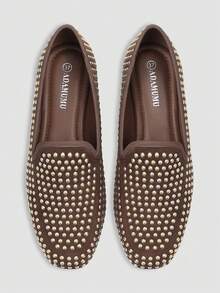 Alvarani Women's Casual Slip-On Flat Loafers, 3D Glitter Sequins, Metal Punk Style, Breathable Upper, Soft Sole, Square Toe, Spring Summer - Mocha Brown - View 1