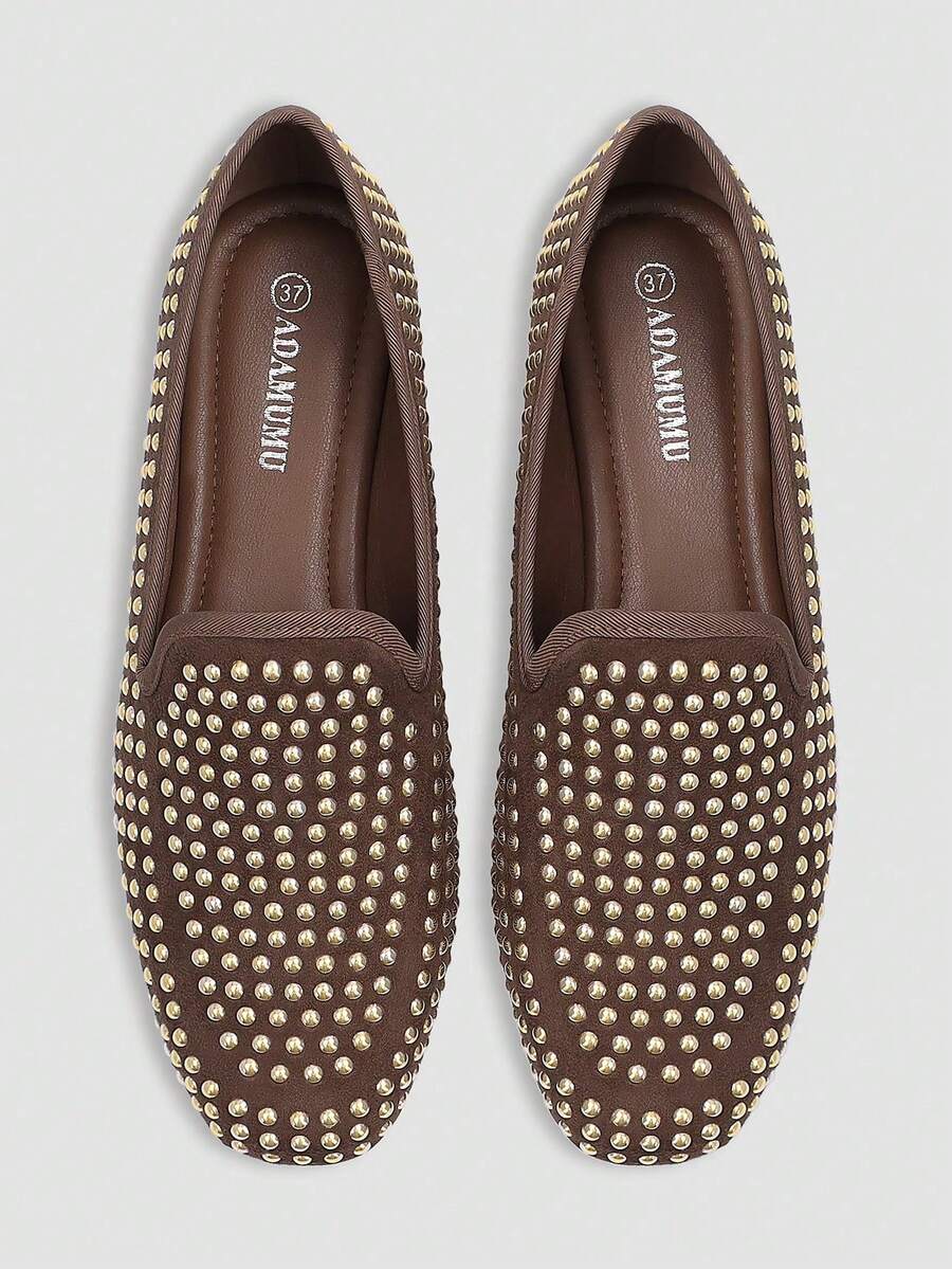 Alvarani Women's Casual Slip-On Flat Loafers, 3D Glitter Sequins, Metal Punk Style, Breathable Upper, Soft Sole, Square Toe, Spring Summer - Mocha Brown - View 1
